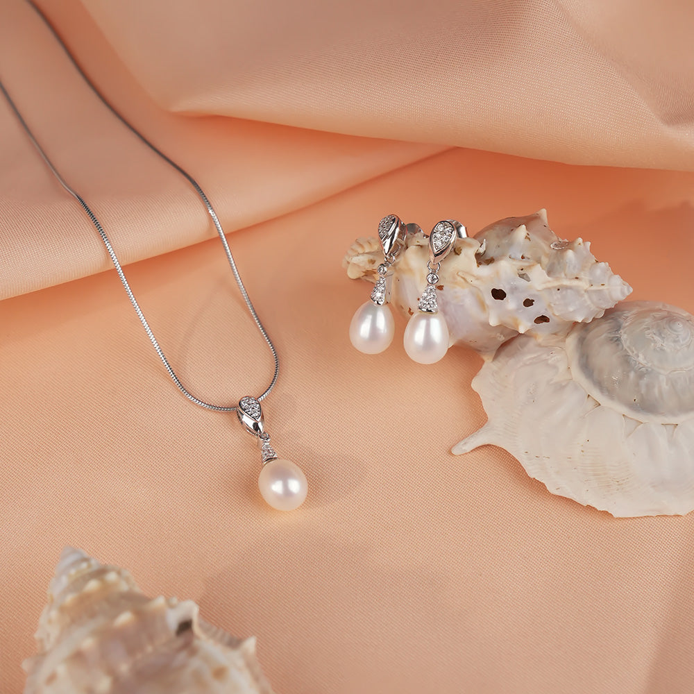 Sterling Silver CZ Pearl Jewelry Set for Bridal & Party Wear Collection