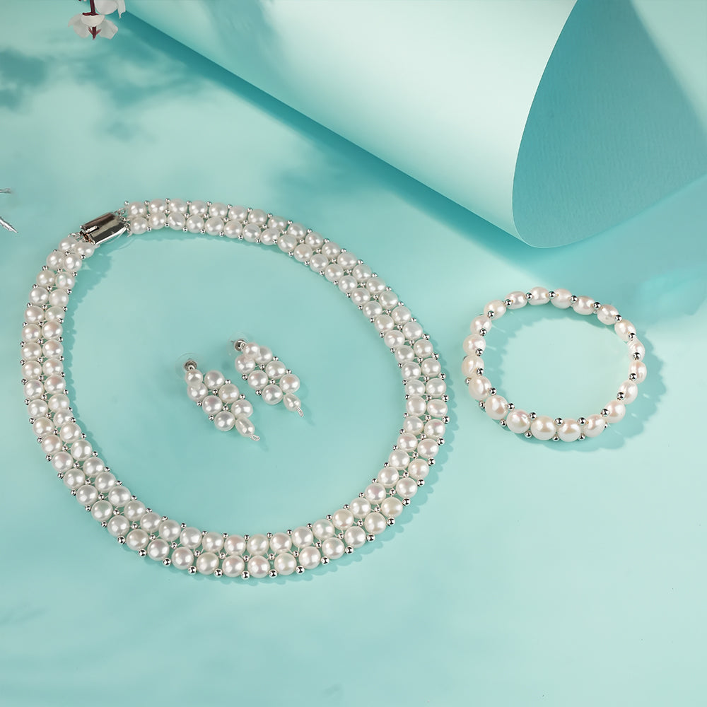 Double Layer Pearl Necklace, Matching Pearl Earrings & Pearl Bracelet | Elegant Bridal, Wedding & Party Wear Pearl Combo Set