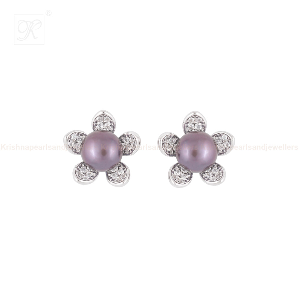 Silver Leaf Design Black Pearl Earrings | Krishna Pearls and Jewellers