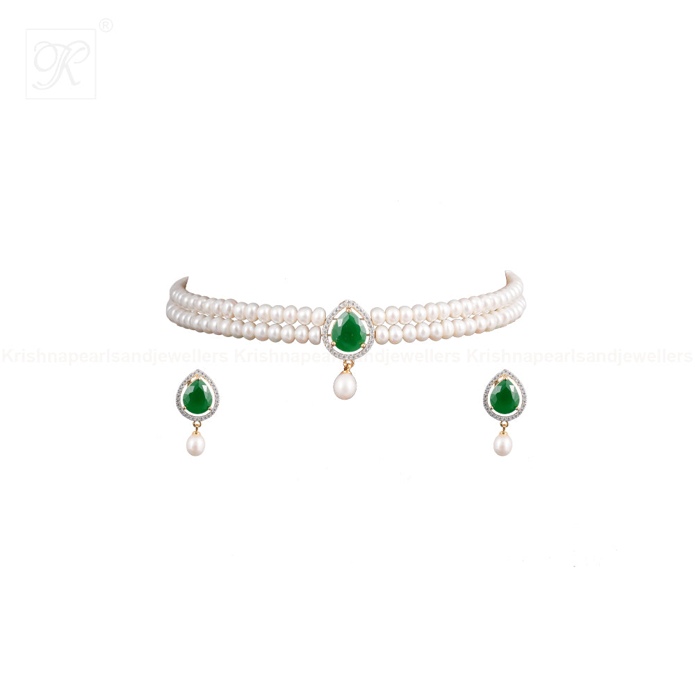 Regal Pearl and Green Stone Choker Set | Krishna Pearls and Jewellers