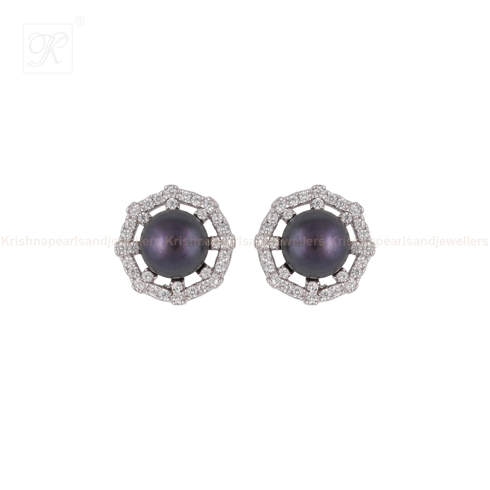 Sterling Silver CZ Pearl Round Studs | Krishna Pearls and Jewellers