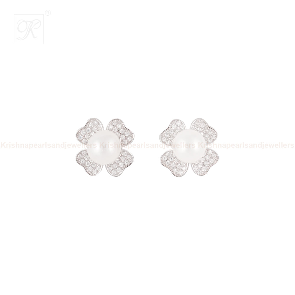 Silver CZ Floral Stud Earrings with White | Krishna Pearls and Jewellers