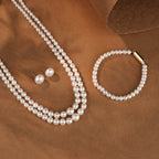 Classic Double-Layer Pearl Necklace with Pearl Stud Earrings & Pearl Bracelet | Timeless Pearl Jewellery Combo Set for Women