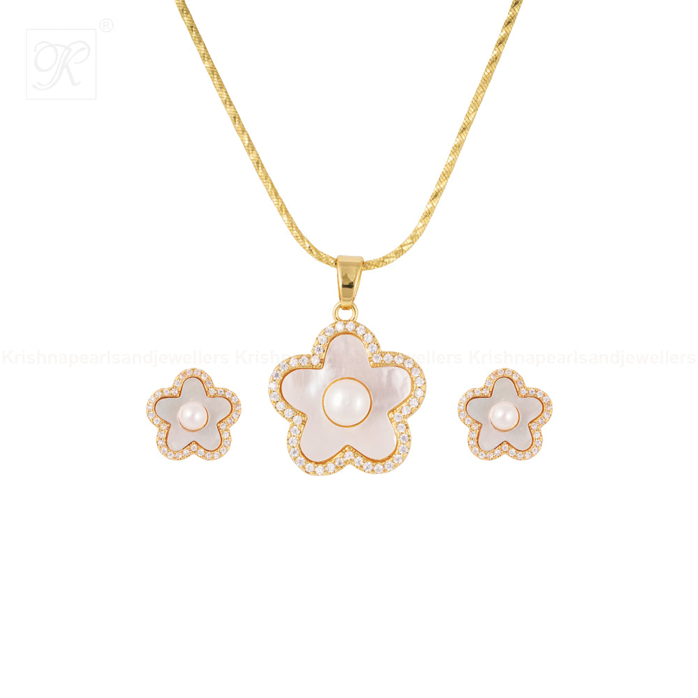 Golden Petal White Pearl Pendant & Earrings | Krishna Pearls and Jewellers