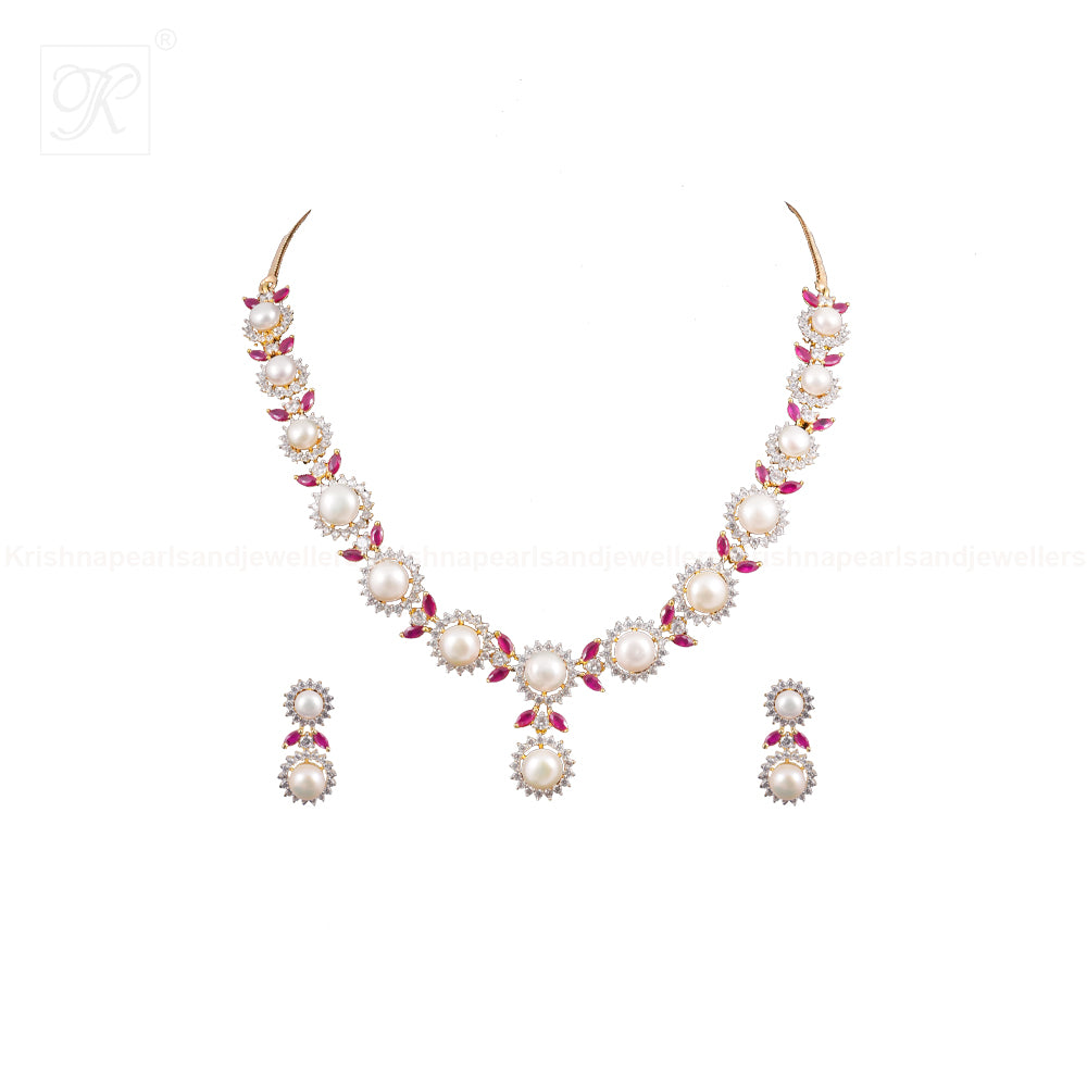 Pearl Bloom Gold-Tone Necklace Set | Krishna Pearls and Jewellers