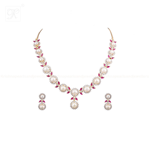 Pearl Bloom Gold-Tone Necklace Set | Krishna Pearls and Jewellers