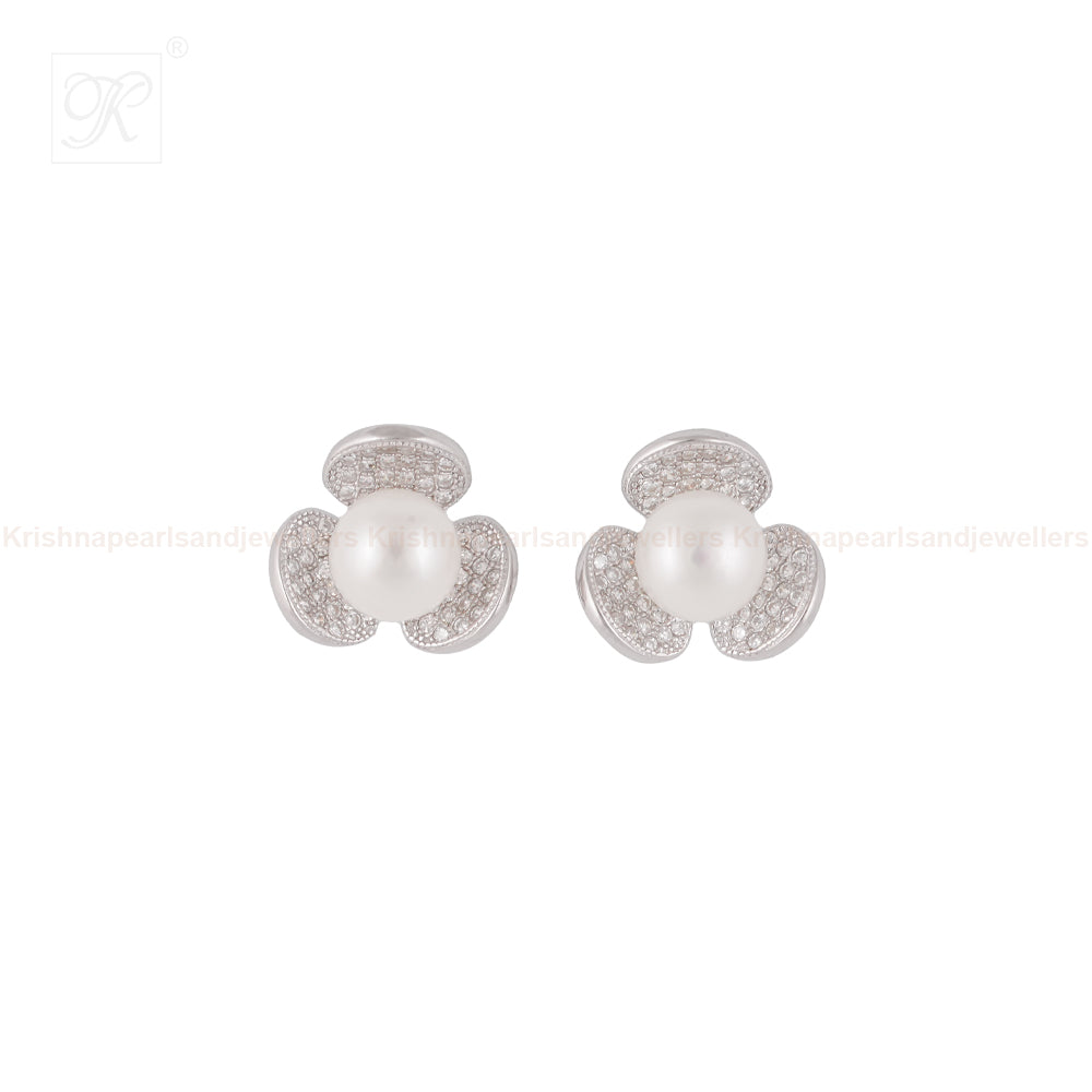 Silver Leaf studd earrings with CZ | Krishna Pearls and Jewellers