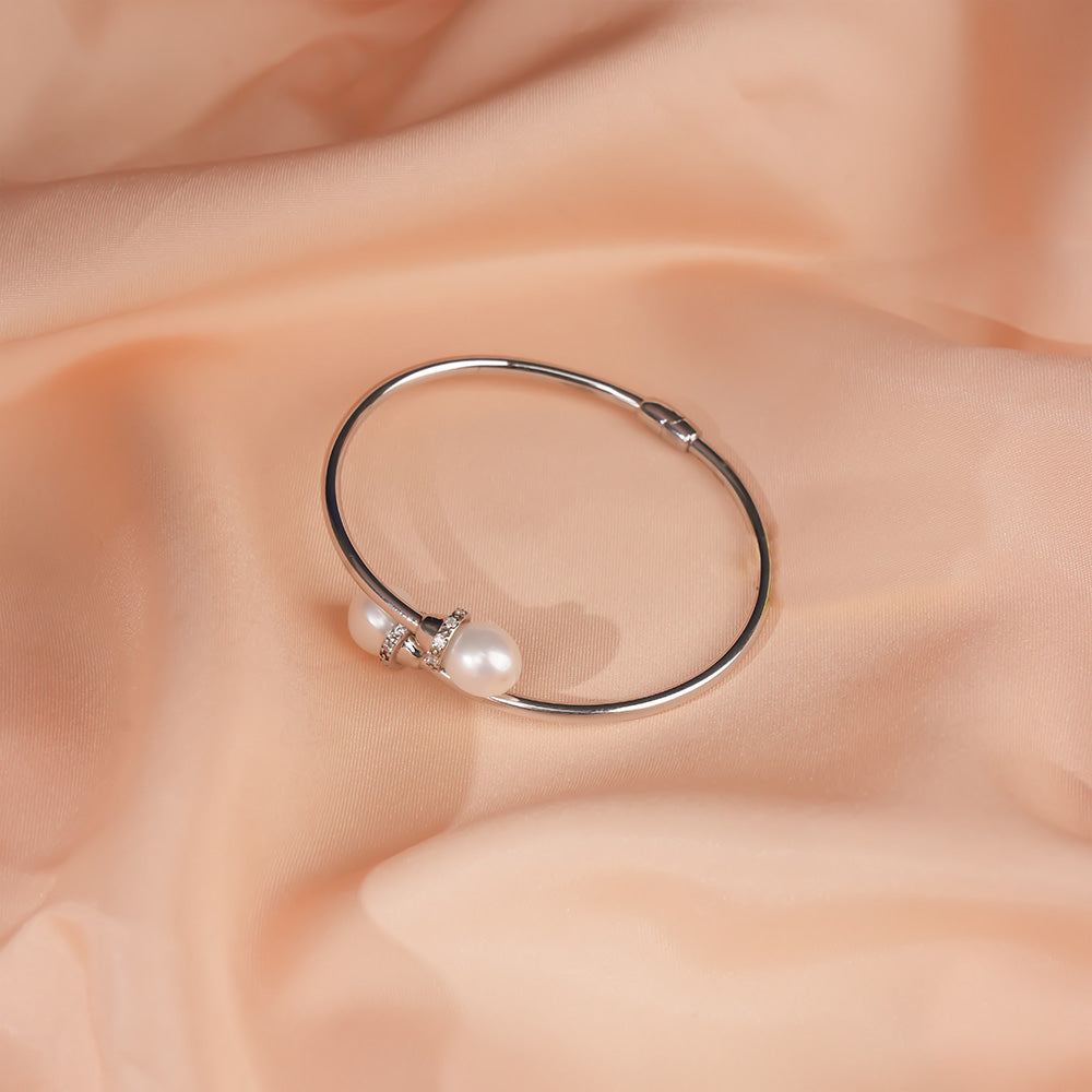 Sterling Silver Polish Dual Pearl Open Bangle Bracelet for Women