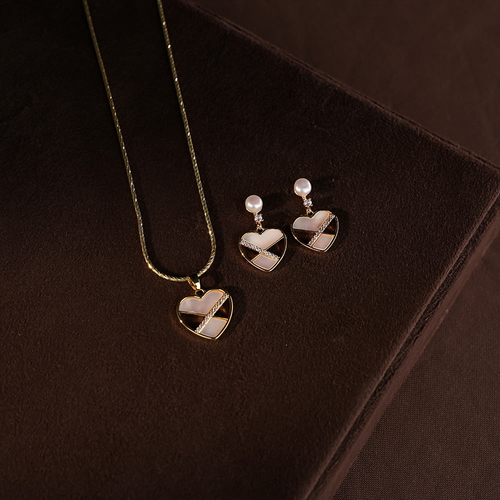 Elegant Heart Pearl Pendant & Earrings Set