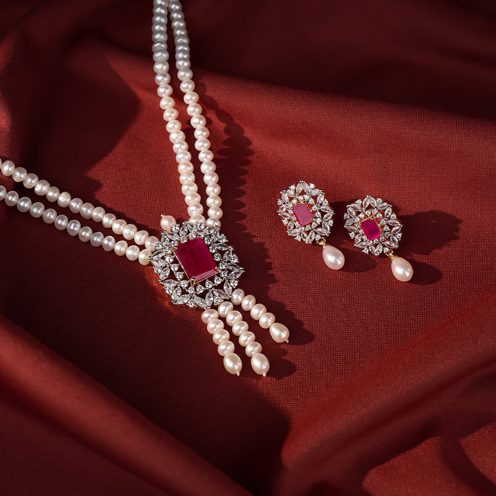 Red Stone Pink Floral Statement Pendant Pearl Jewelry for Women