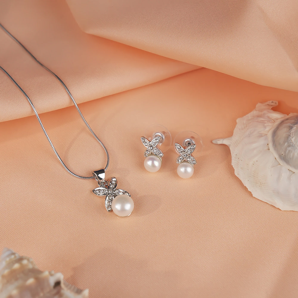 Pearl Bloom CZ Butterfly Set Freshwater | Krishna Pearls and Jewellers