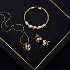 Floral Pearl Pendant Necklace Set with Matching Earrings & Freshwater Pearl Bracelet | Elegant Rose Design Jewellery Combo Set