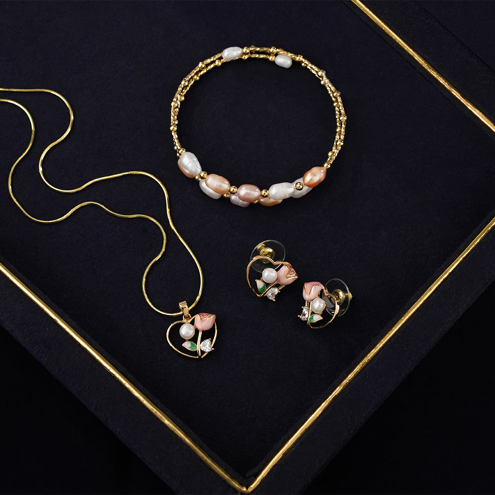 Floral Pearl Pendant Necklace Set with Matching Earrings & Freshwater Pearl Bracelet | Elegant Rose Design Jewellery Combo Set