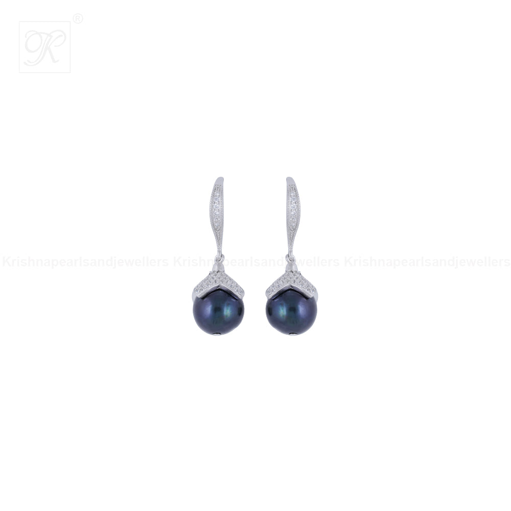 Silver Hanging Pearl Earrings with CZ | Krishna Pearls and Jewellers