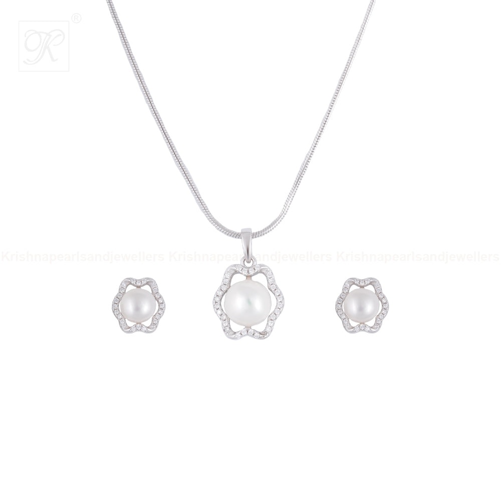 Floral Wave Pearl Set – CZ Framed ROUND | Krishna Pearls and Jewellers