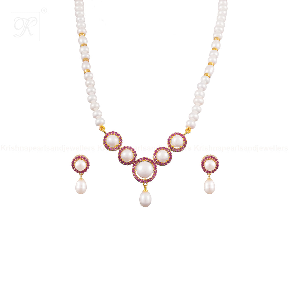 Crimson Halo Pearl Jewelry Set Freshwater | Krishna Pearls and Jewellers