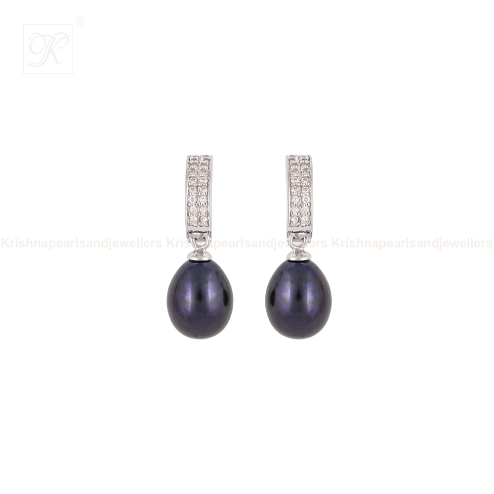 Silver CZ Huggie Hoop Earrings with Black | Krishna Pearls and Jewellers