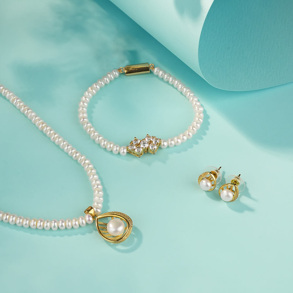 Premium Pearl Pendant Necklace with Crystal Accent Bracelet & Matching Pearl Stud Earrings | Exclusive brand Pearl Jewellery Combo set