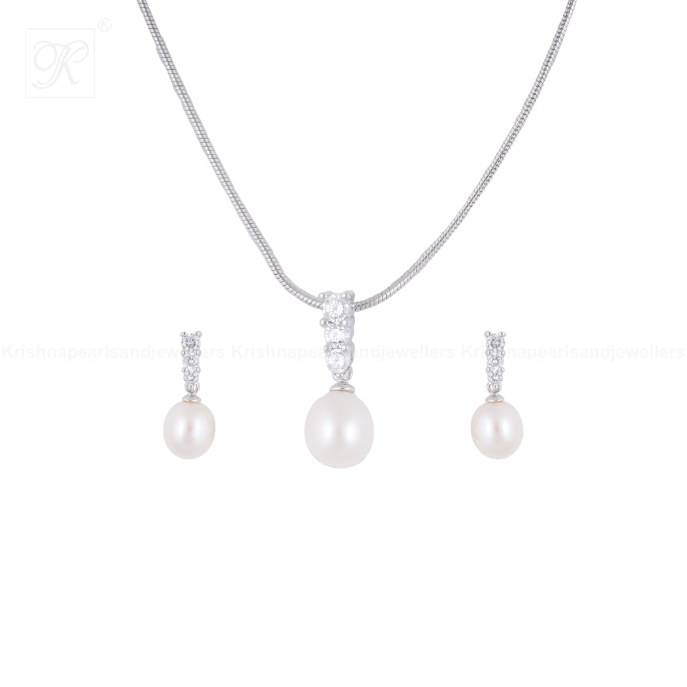 Radiant Trio CZ ROUND Pearl Set – Silver | Krishna Pearls and Jewellers