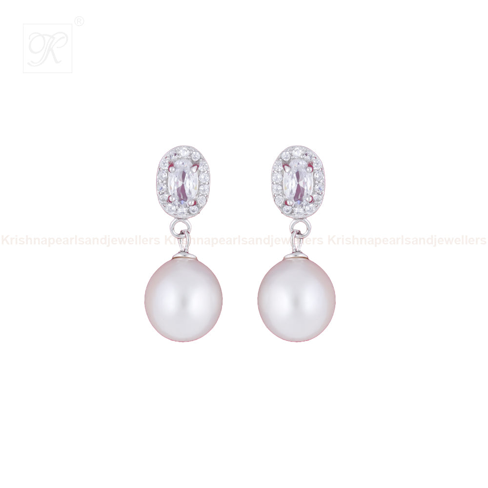 Silver CZ Oval Stud Earrings with Cream | Krishna Pearls and Jewellers