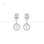 Silver CZ Oval Stud Earrings with Cream | Krishna Pearls and Jewellers