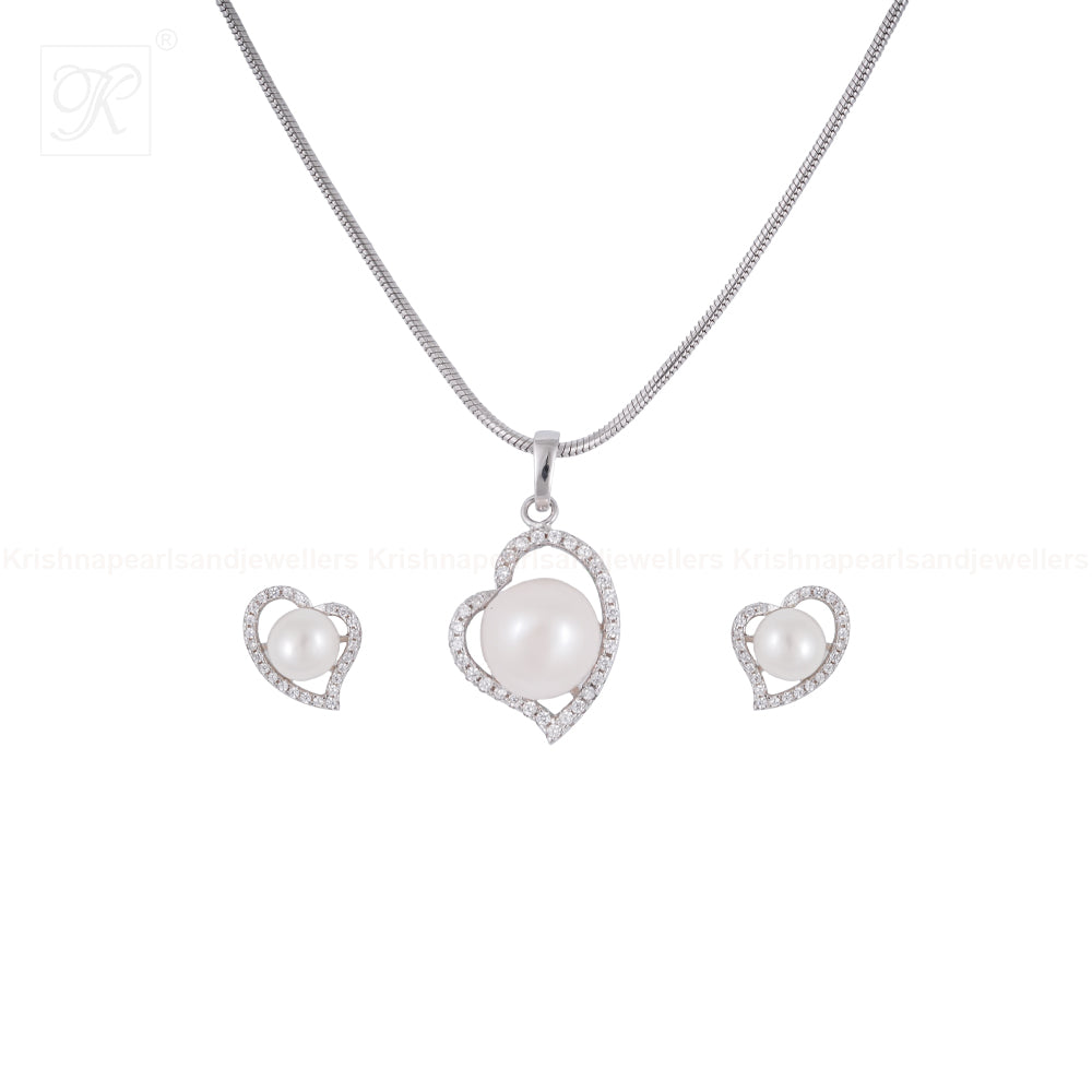 Sparkling Heart Pearl Set – CZ-Studded Love | Krishna Pearls and Jewellers