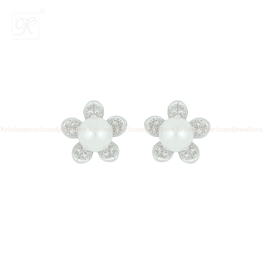 Silver Pearl Stud Earrings with CZ | Krishna Pearls and Jewellers