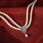 Freshwater Pearl Double Strand Necklace with Crystal Teardrop Pendant