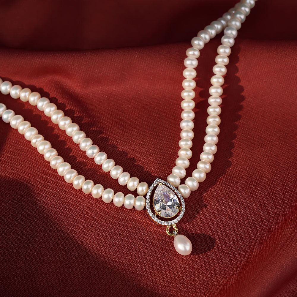 Freshwater Pearl Double Strand Necklace with Crystal Teardrop Pendant
