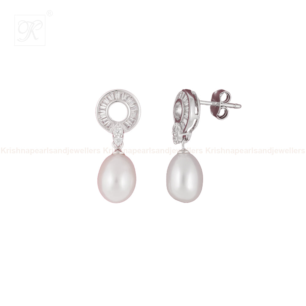 Silver CZ Circle Drop Earrings with Cream | Krishna Pearls and Jewellers