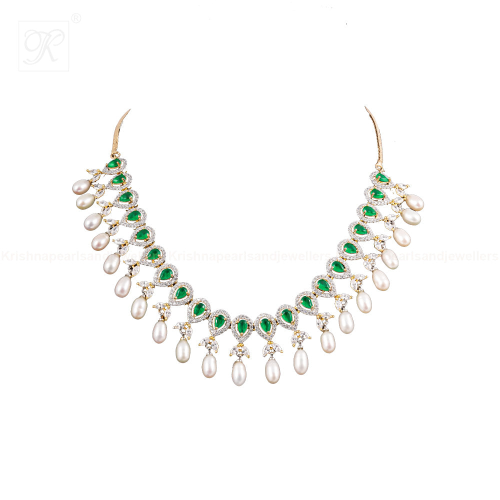 CZ with Green Stone Teardrop Pearl Necklace | Krishna Pearls and Jewellers