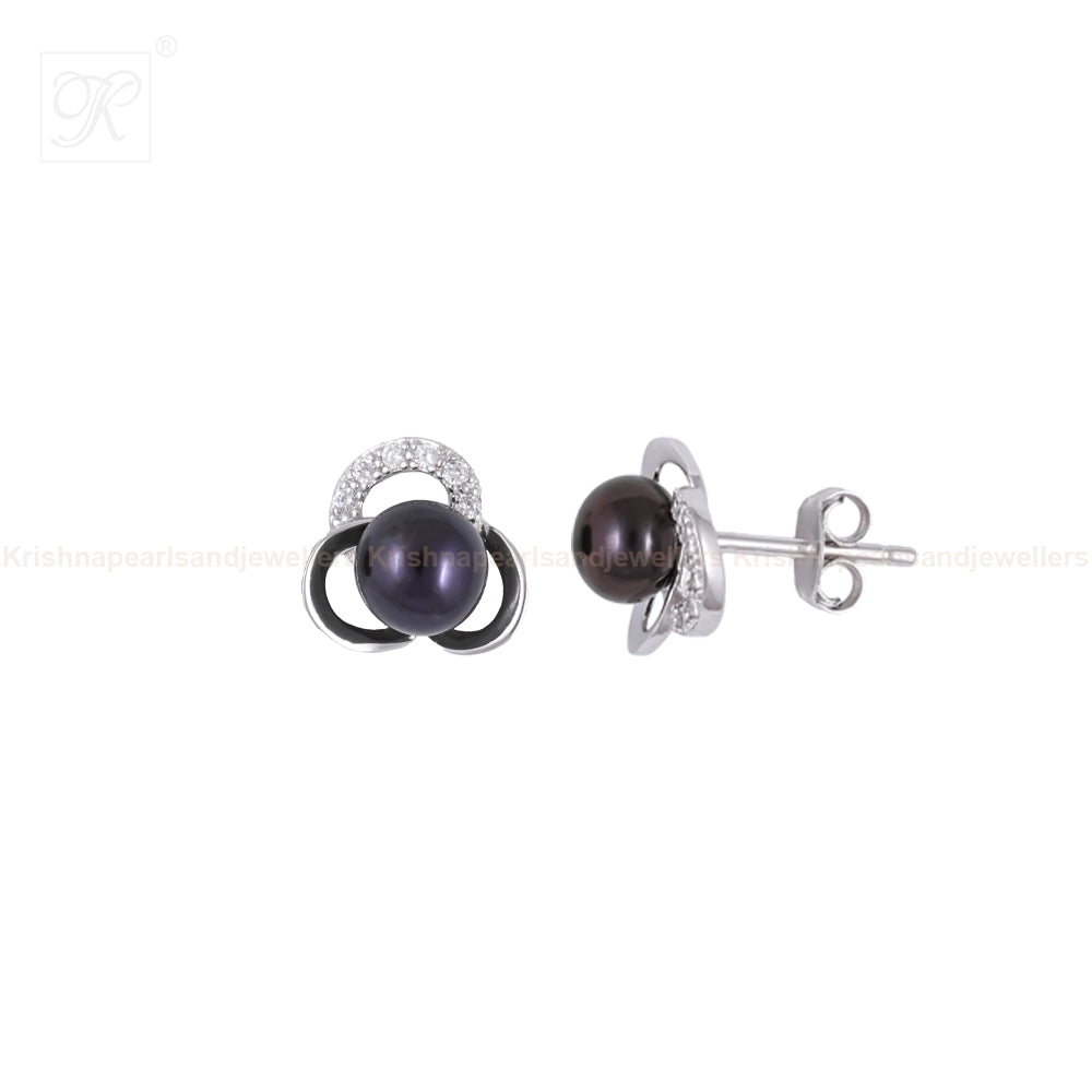Black Pearl CZ Blossom Stud Earrings | Krishna Pearls and Jewellers
