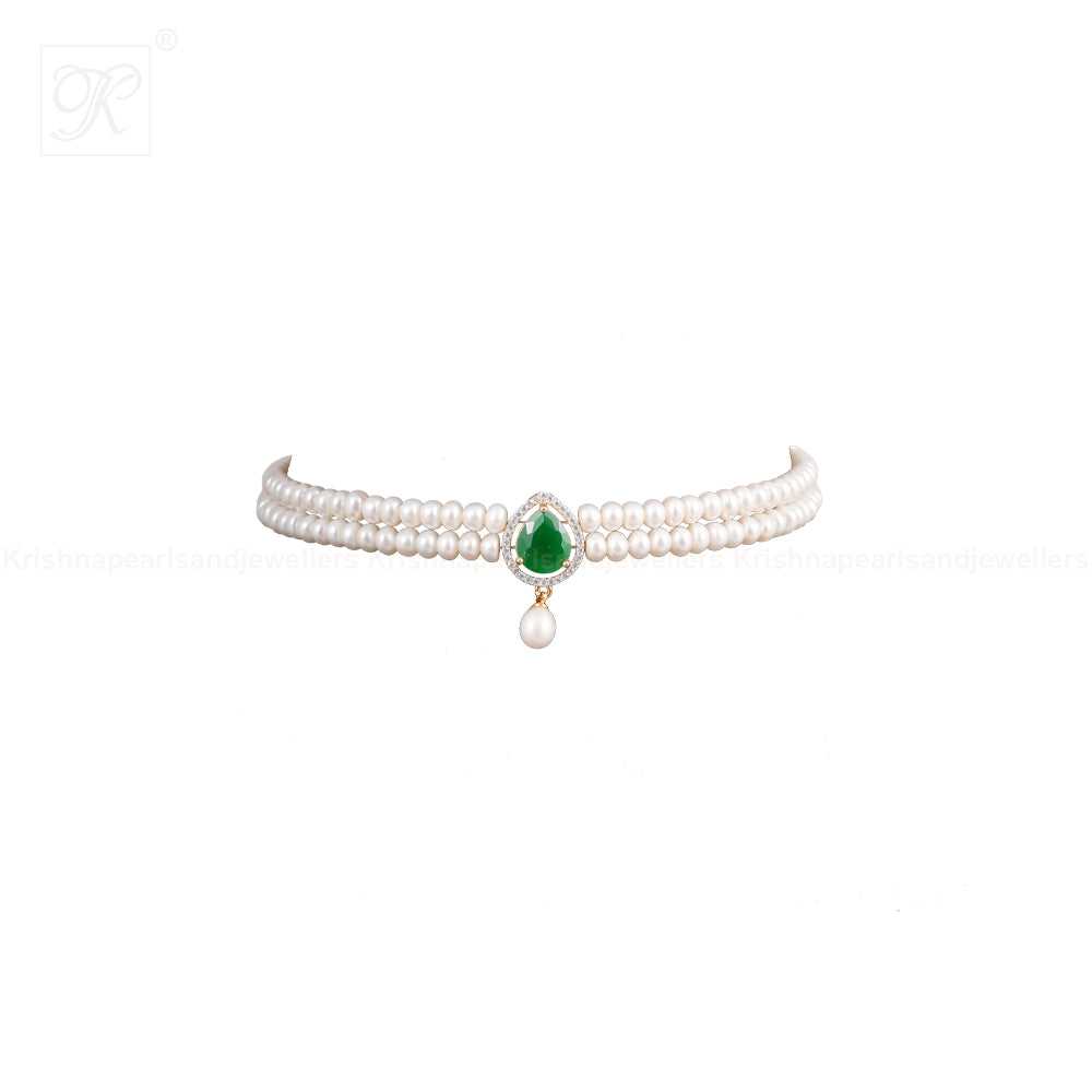 Regal Pearl and Green Stone Choker Set | Krishna Pearls and Jewellers
