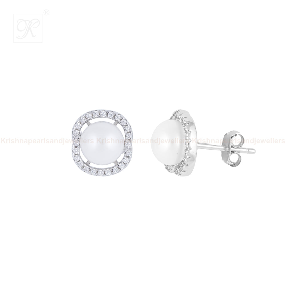 Classic Pearl Stud Earrings with Silver and | Krishna Pearls and Jewellers