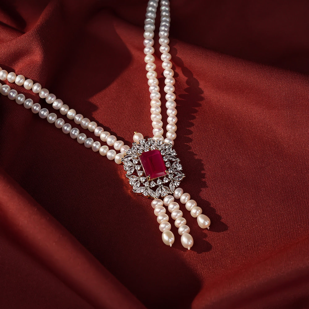 Red Stone Pink Floral Statement Pendant Pearl Jewelry for Women