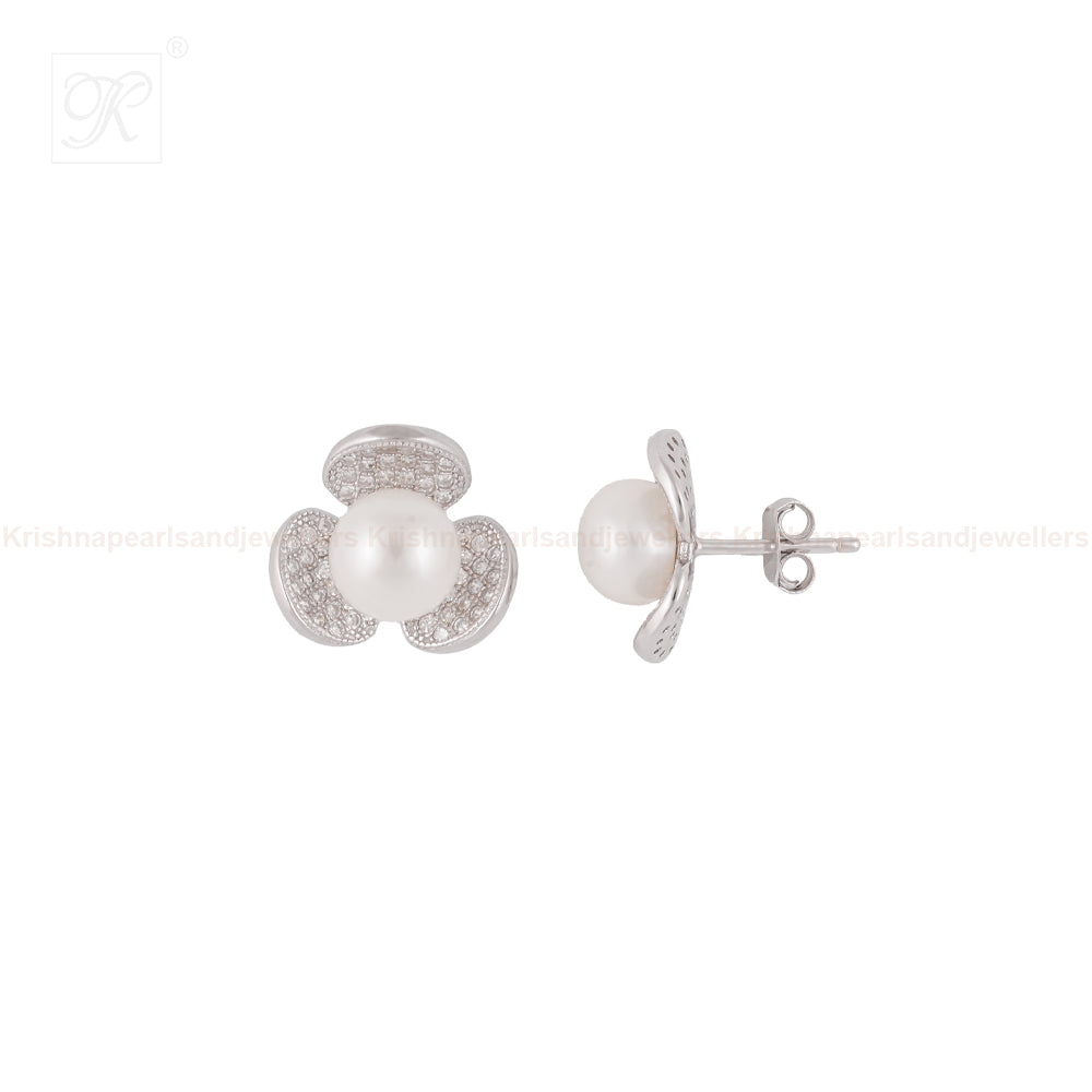 Silver Leaf studd earrings with CZ | Krishna Pearls and Jewellers