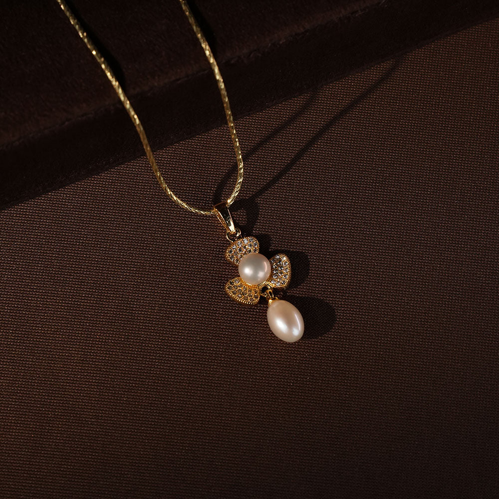 Golden Bloom Drop Pearl Pendant & Earrings | Krishna Pearls and Jewellers