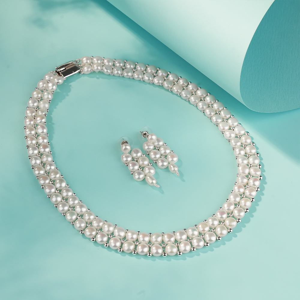 Double Layer Pearl Necklace, Matching Pearl Earrings & Pearl Bracelet | Elegant Bridal, Wedding & Party Wear Pearl Combo Set
