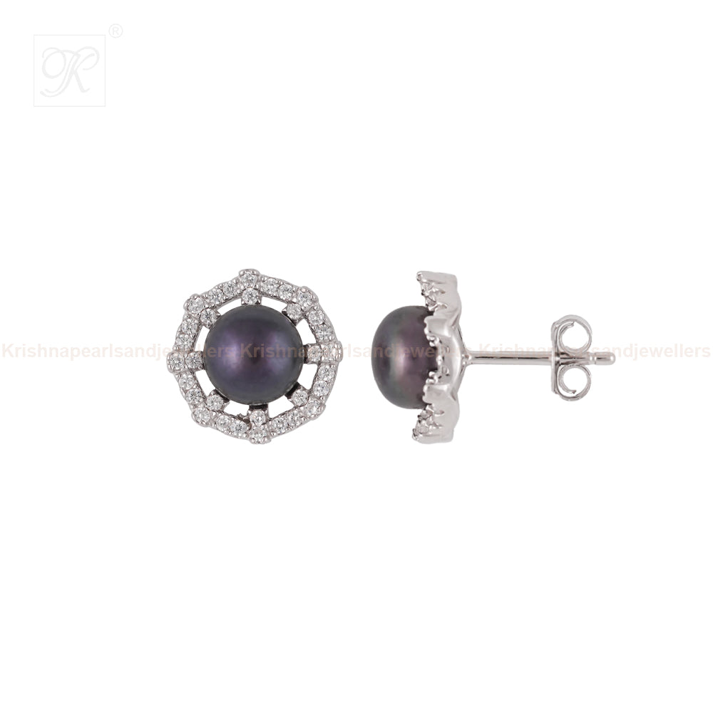 Sterling Silver CZ Pearl Round Studs | Krishna Pearls and Jewellers