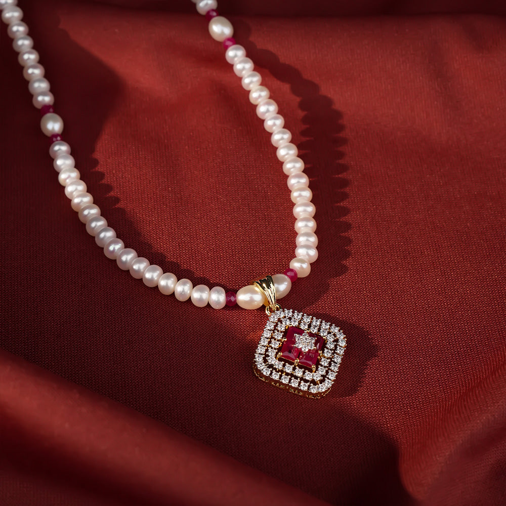 Red Crystal Square Pendant Pearl Jewelry for Women