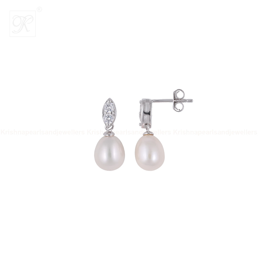 Elegant Pearl Drop Earrings with CZ Leaf | Krishna Pearls and Jewellers