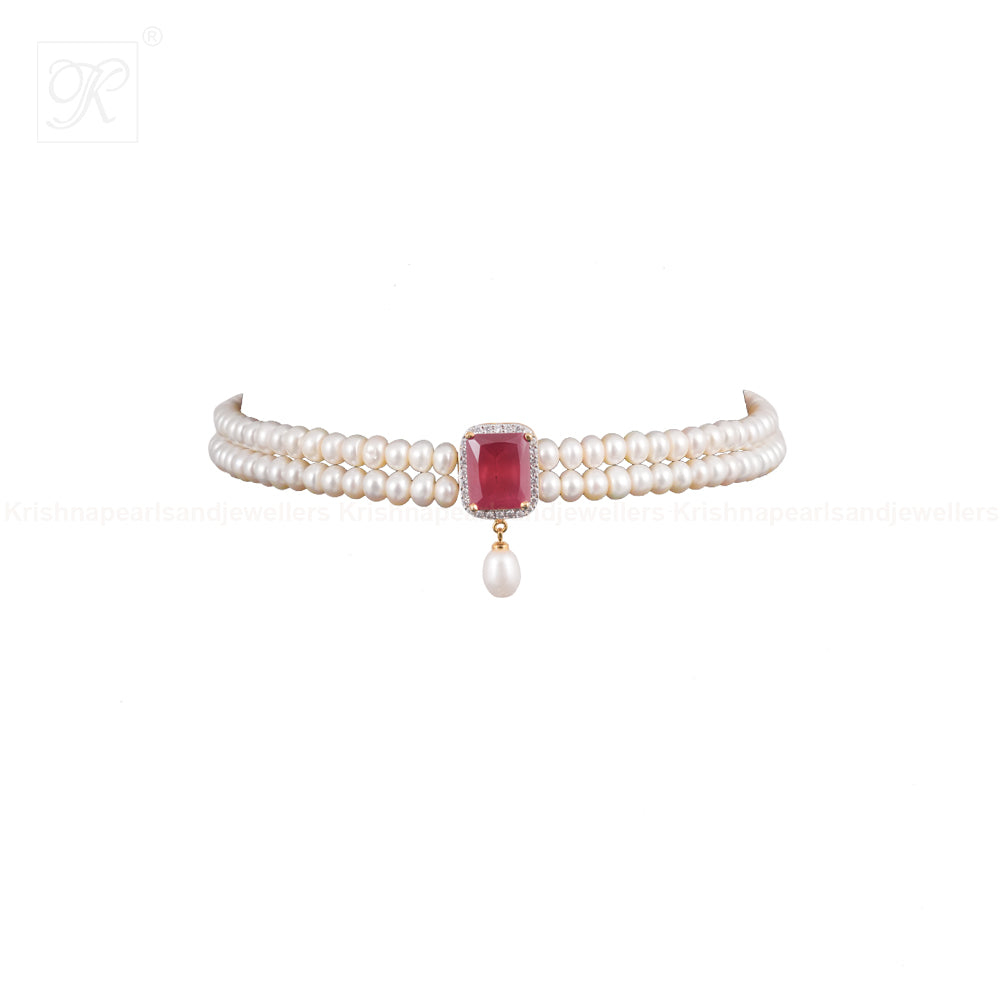 Red Stone Teardrop Pearl Choker Set | Krishna Pearls and Jewellers
