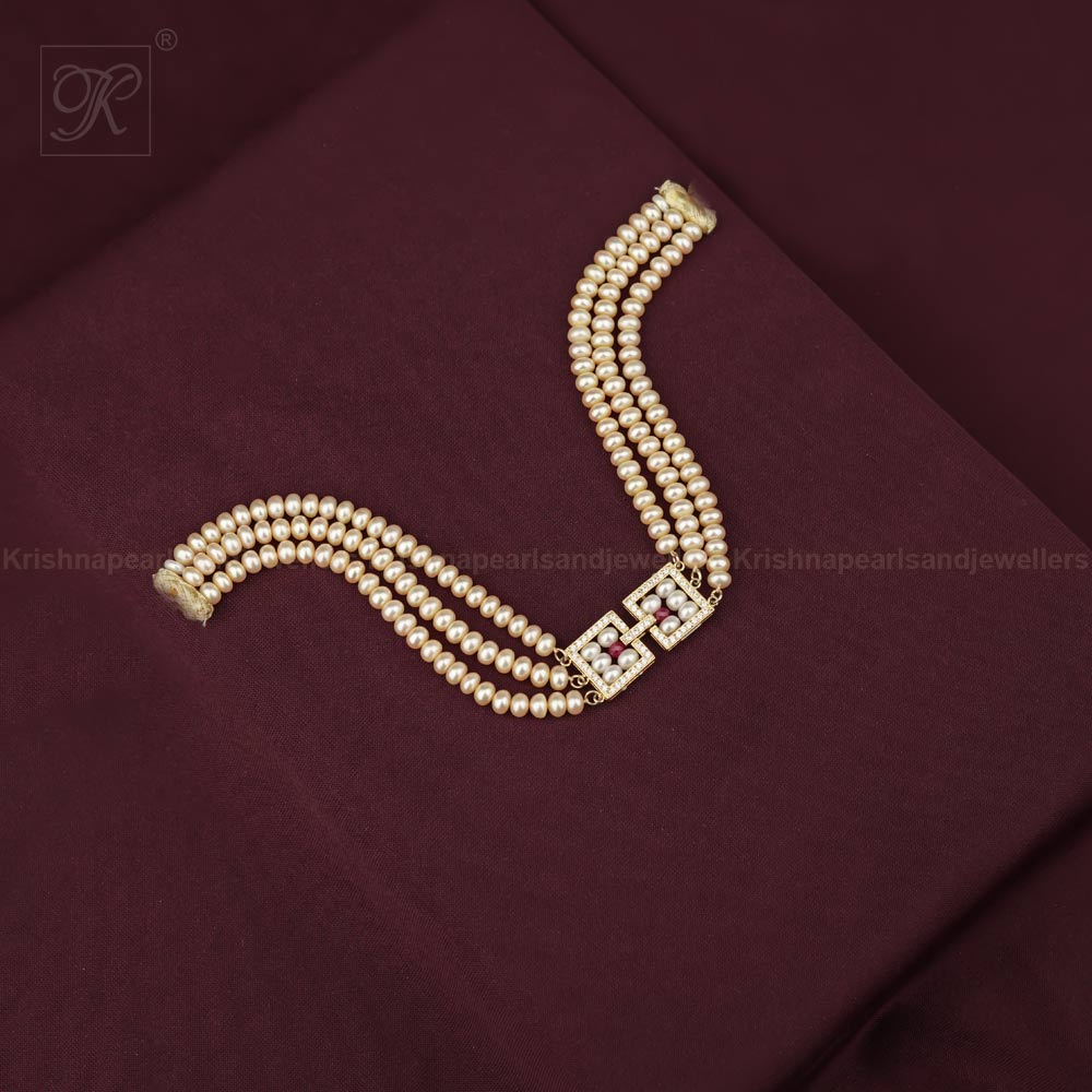 Regal Gold Clasp Triple-Strand Pearl Choker | Krishna Pearls and Jewellers