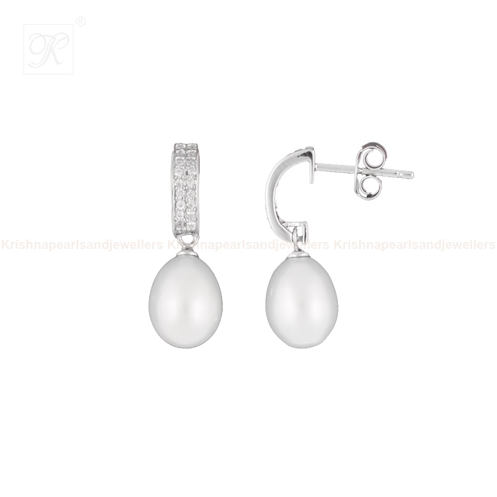 Silver CZ Pearl Drop Earrings Freshwater | Krishna Pearls and Jewellers