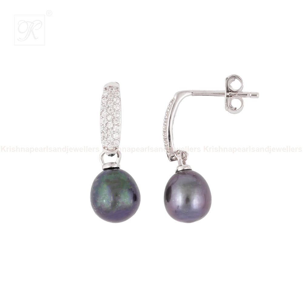 Silver Noir Glow Pearl Drop Earrings | Krishna Pearls and Jewellers