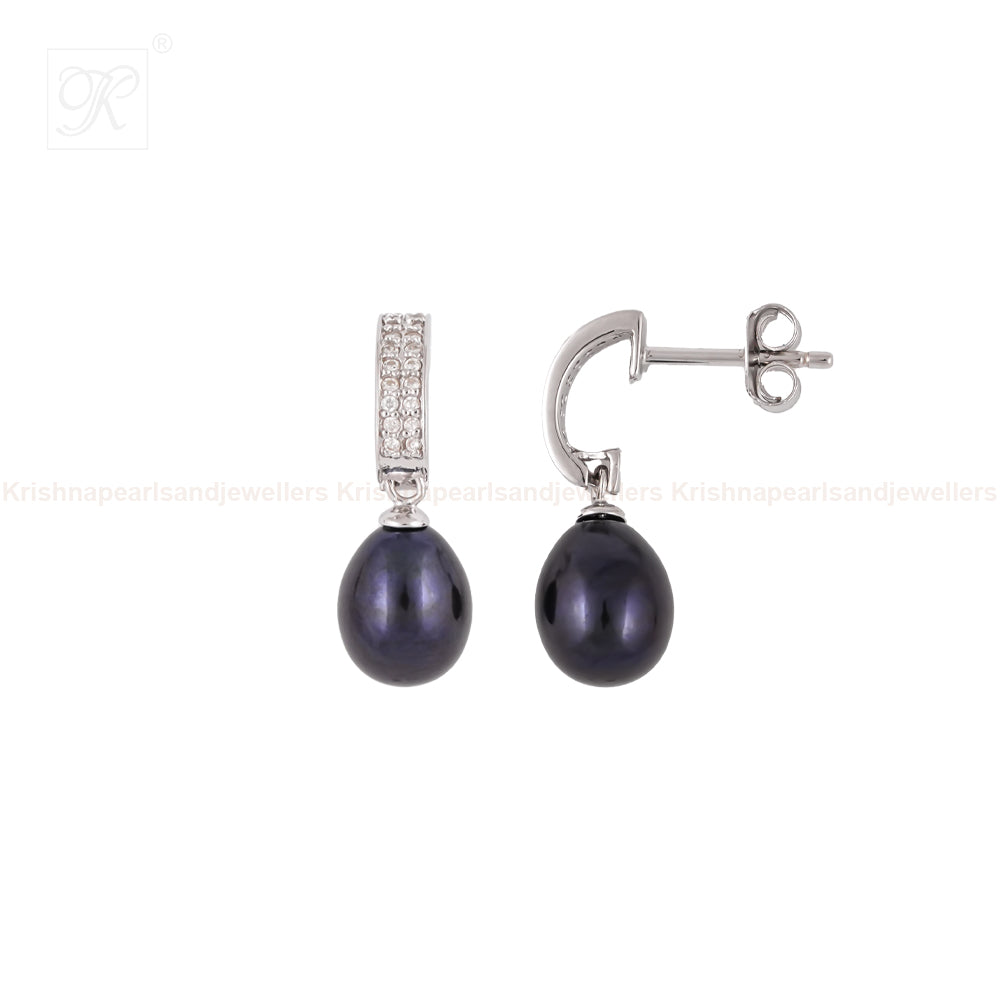 Silver CZ Huggie Hoop Earrings with Black | Krishna Pearls and Jewellers