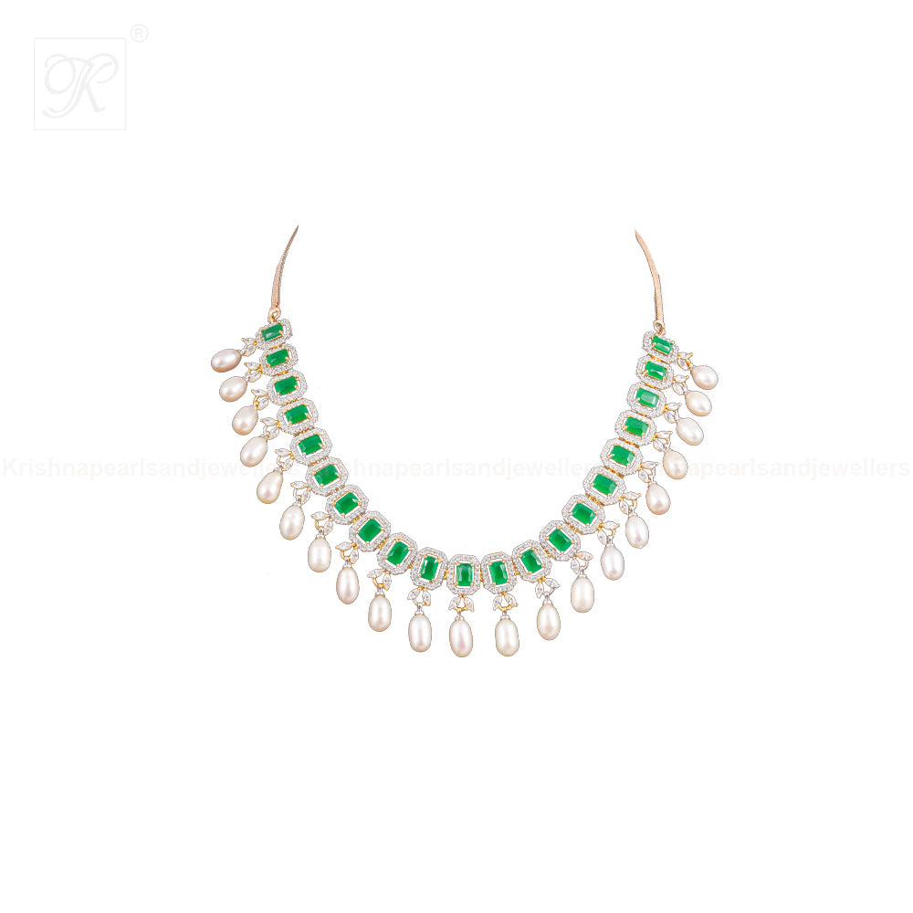 Green Square Cascade Pearl Necklace Set | Krishna Pearls and Jewellers