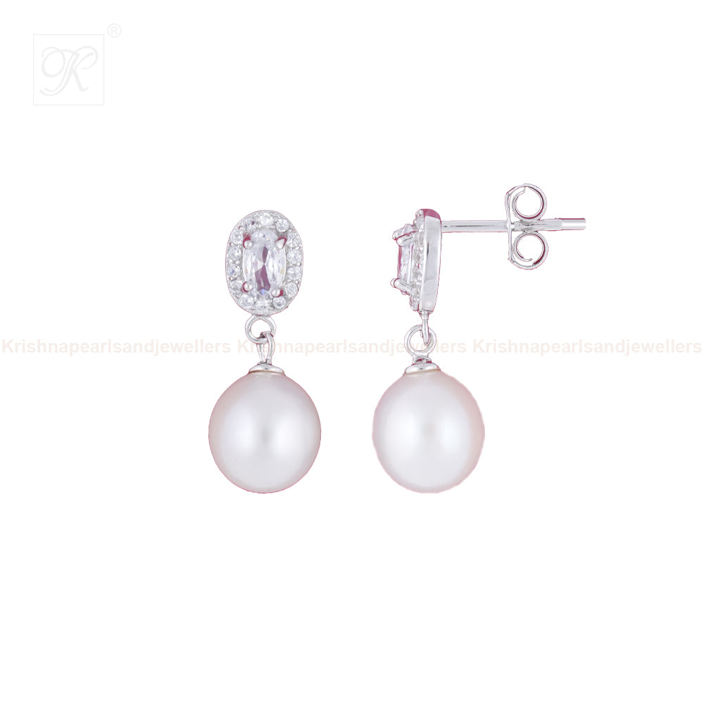 Silver CZ Oval Stud Earrings with Cream | Krishna Pearls and Jewellers