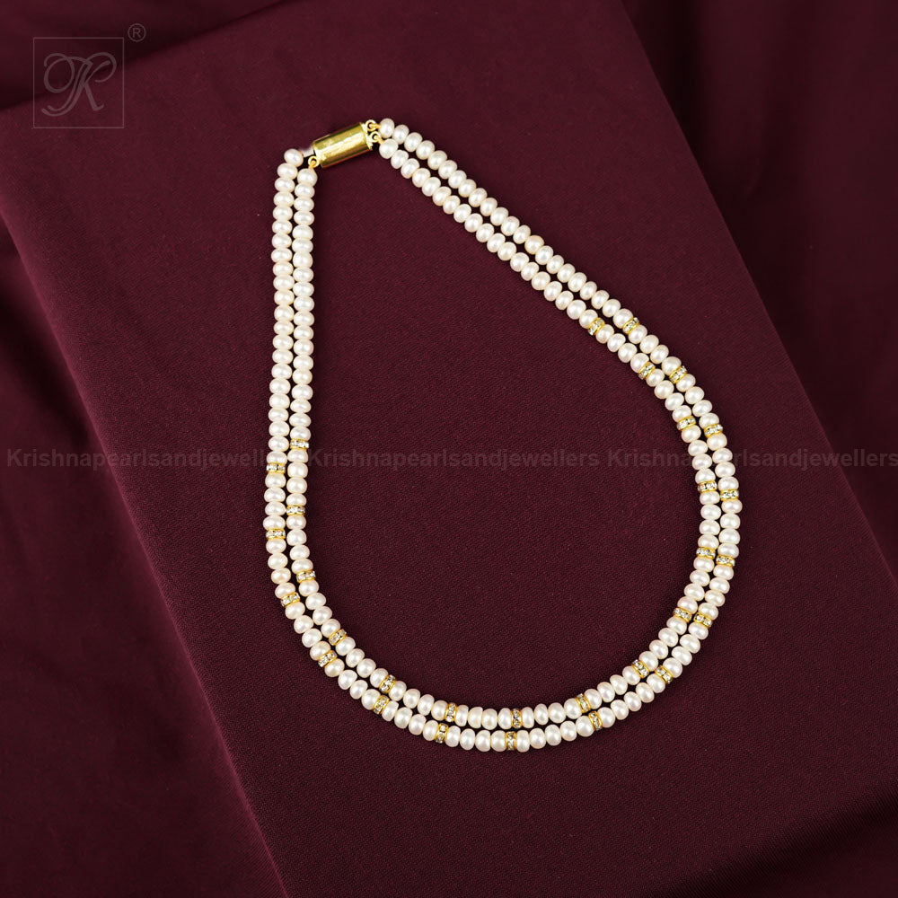 Double-Strand White Pearl String with Gold | Krishna Pearls and Jewellers