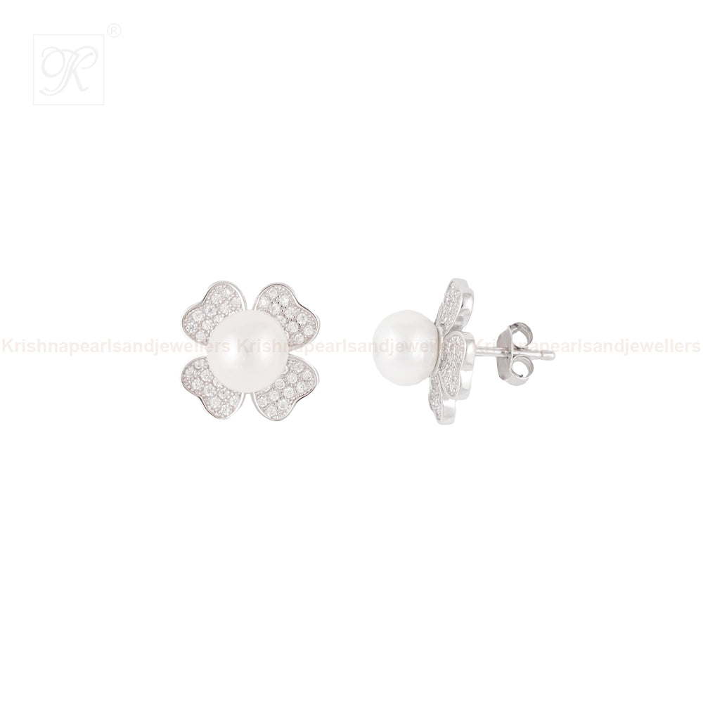 Silver CZ Floral Stud Earrings with White | Krishna Pearls and Jewellers